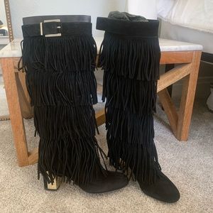 Brian Atwood fringe black knee high boots